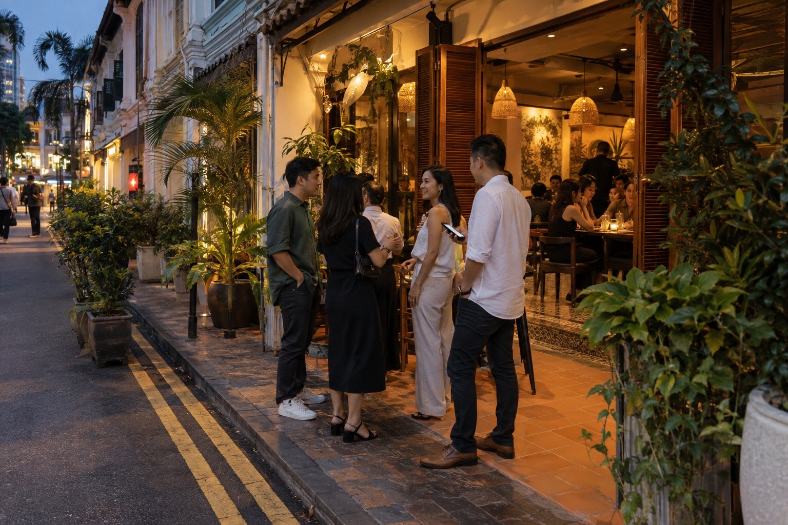 Friends waiting outside a busy shophouse restaurant in the evening