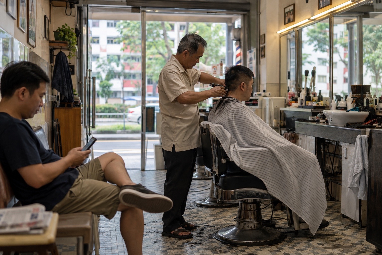 A barber cutting a customer's hair while another customer waits